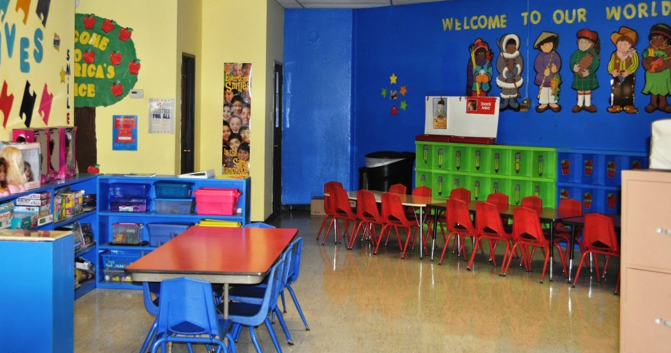 Classroom with small tables and chairs