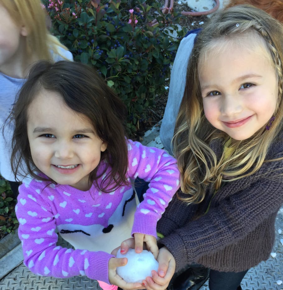Two children holding a snowball
