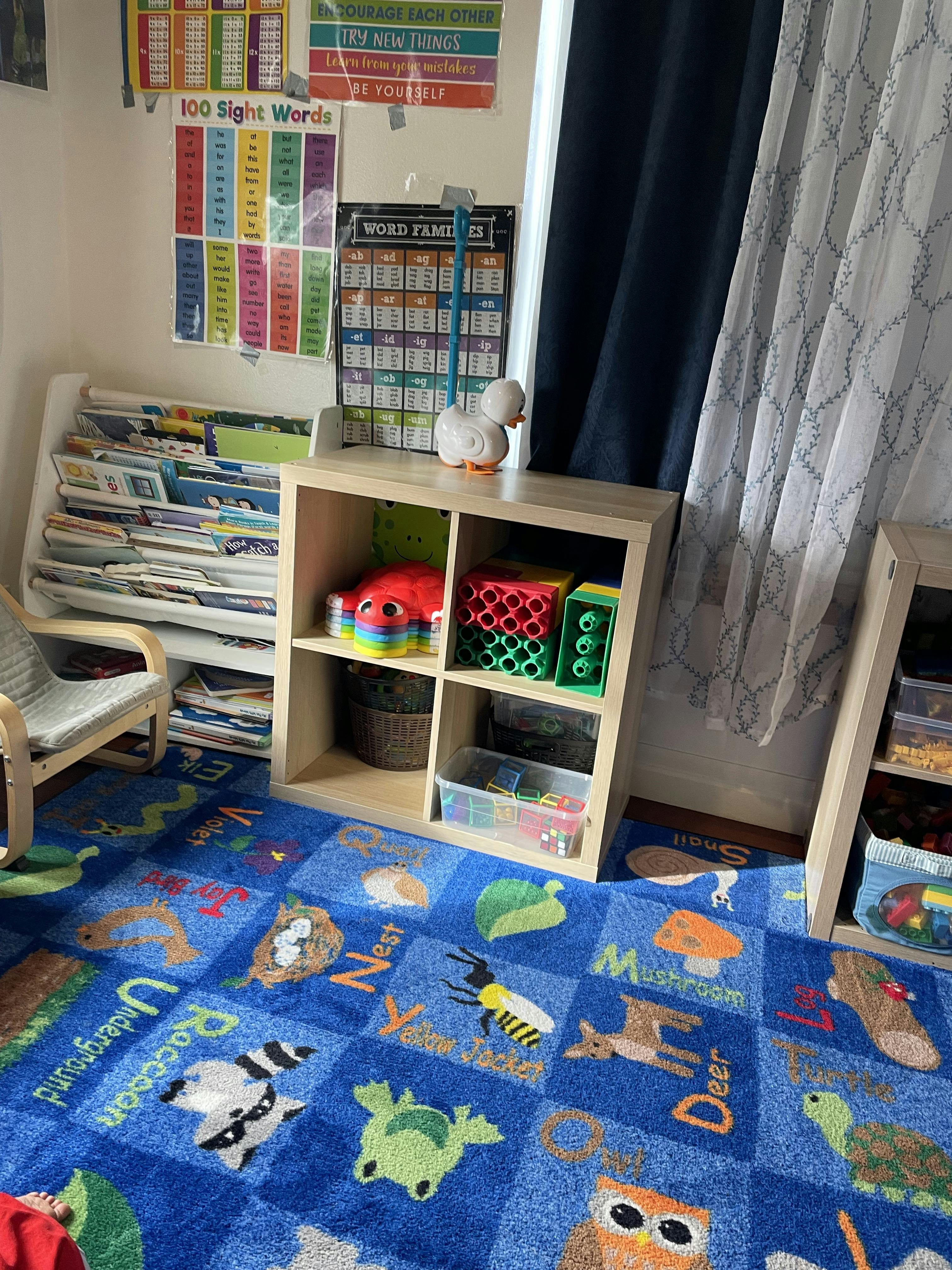Educational playroom with alphabet rug, bookshelves, and toy storage cubes
