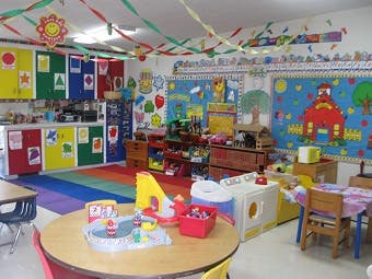 Colorful classroom with tables, chairs, and decorations