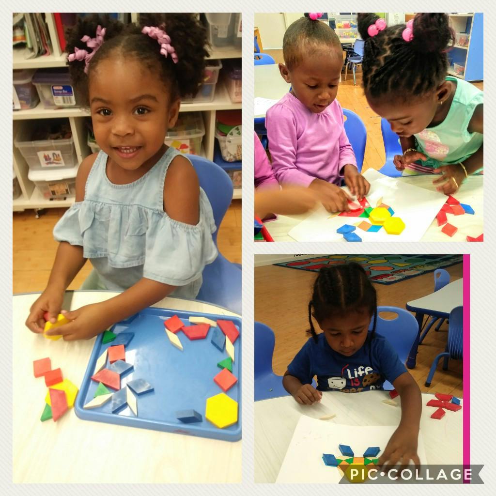 Children playing with colorful shape blocks at tables
