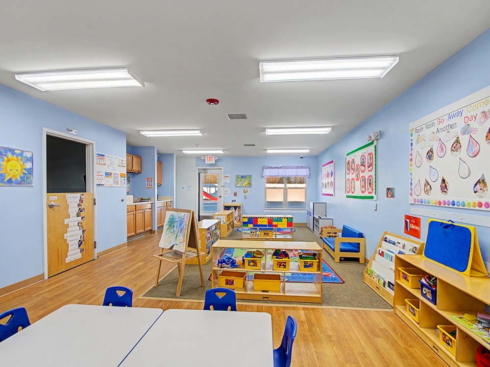 Classroom with tables, chairs, and learning materials