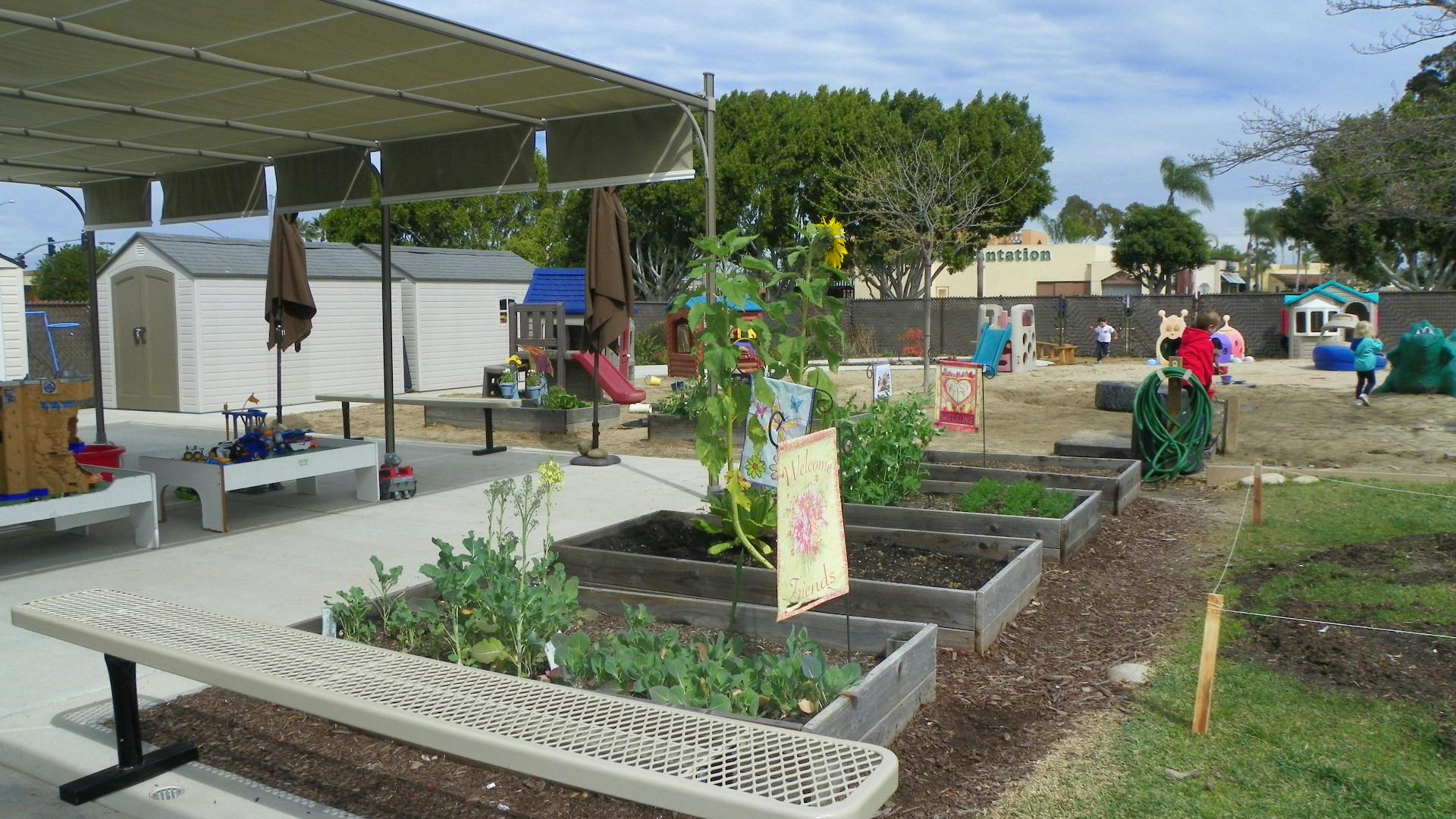 Outdoor garden with raised beds and a covered patio area