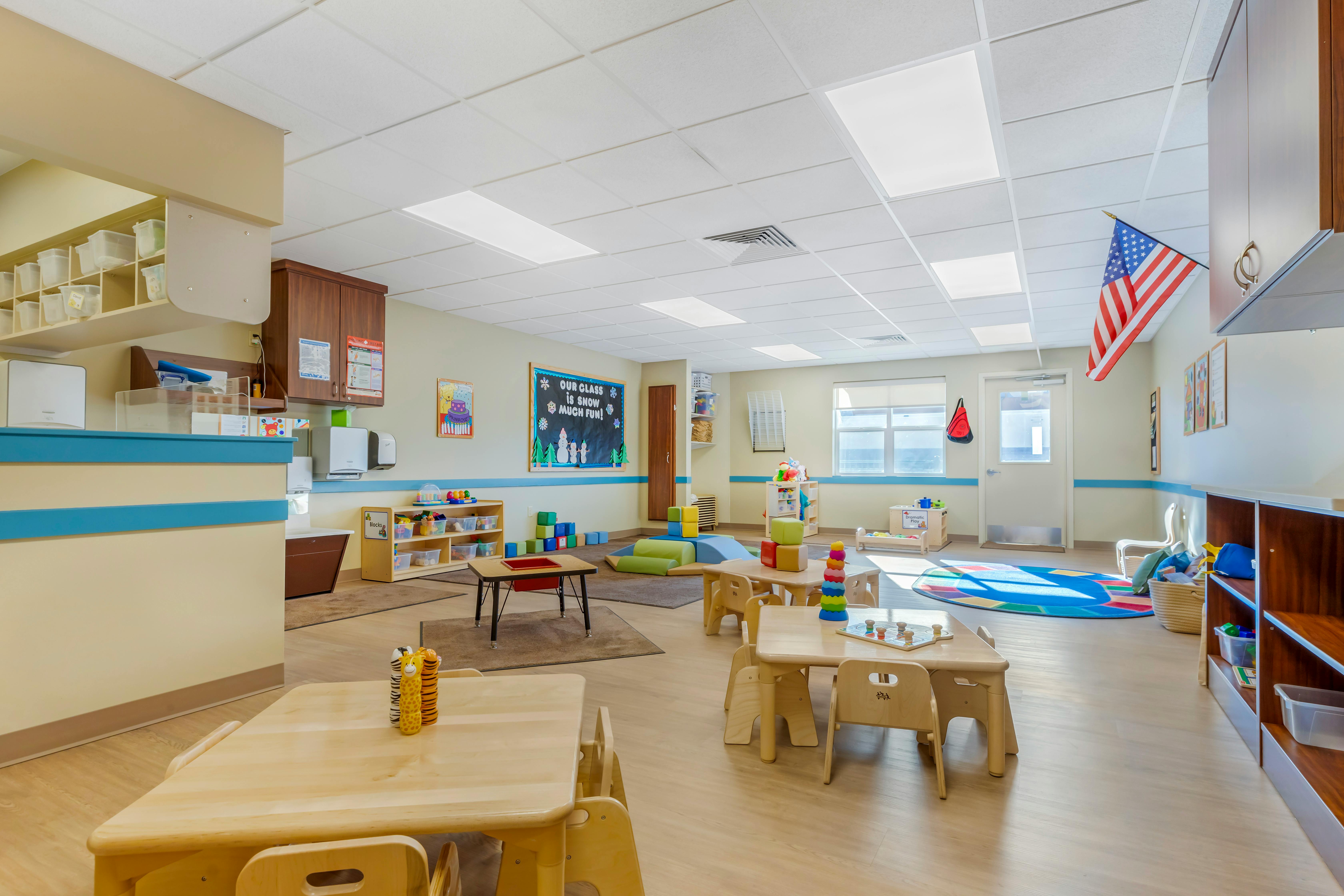 Empty classroom with small tables and chairs