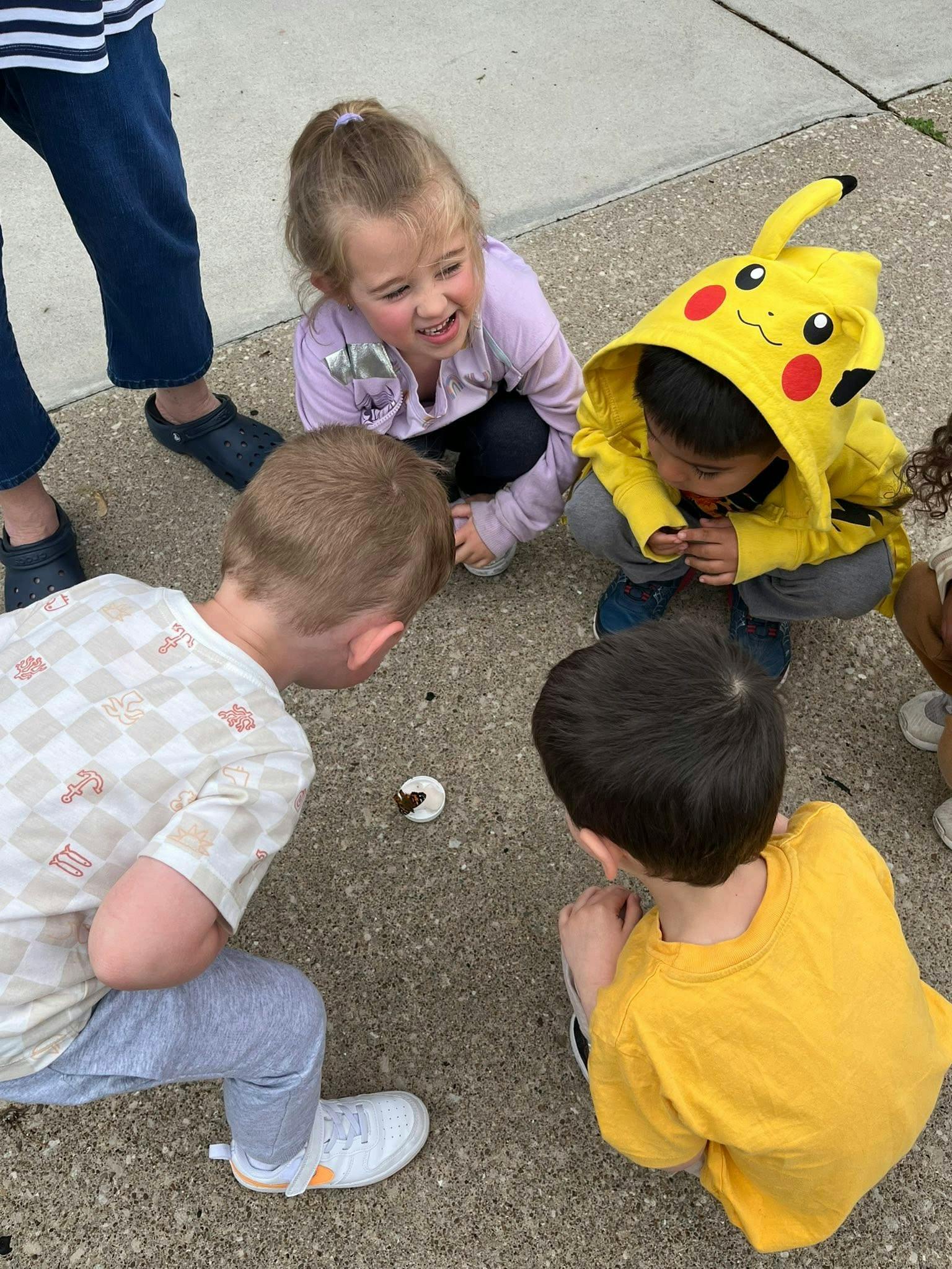Children gathered around a small object on the ground