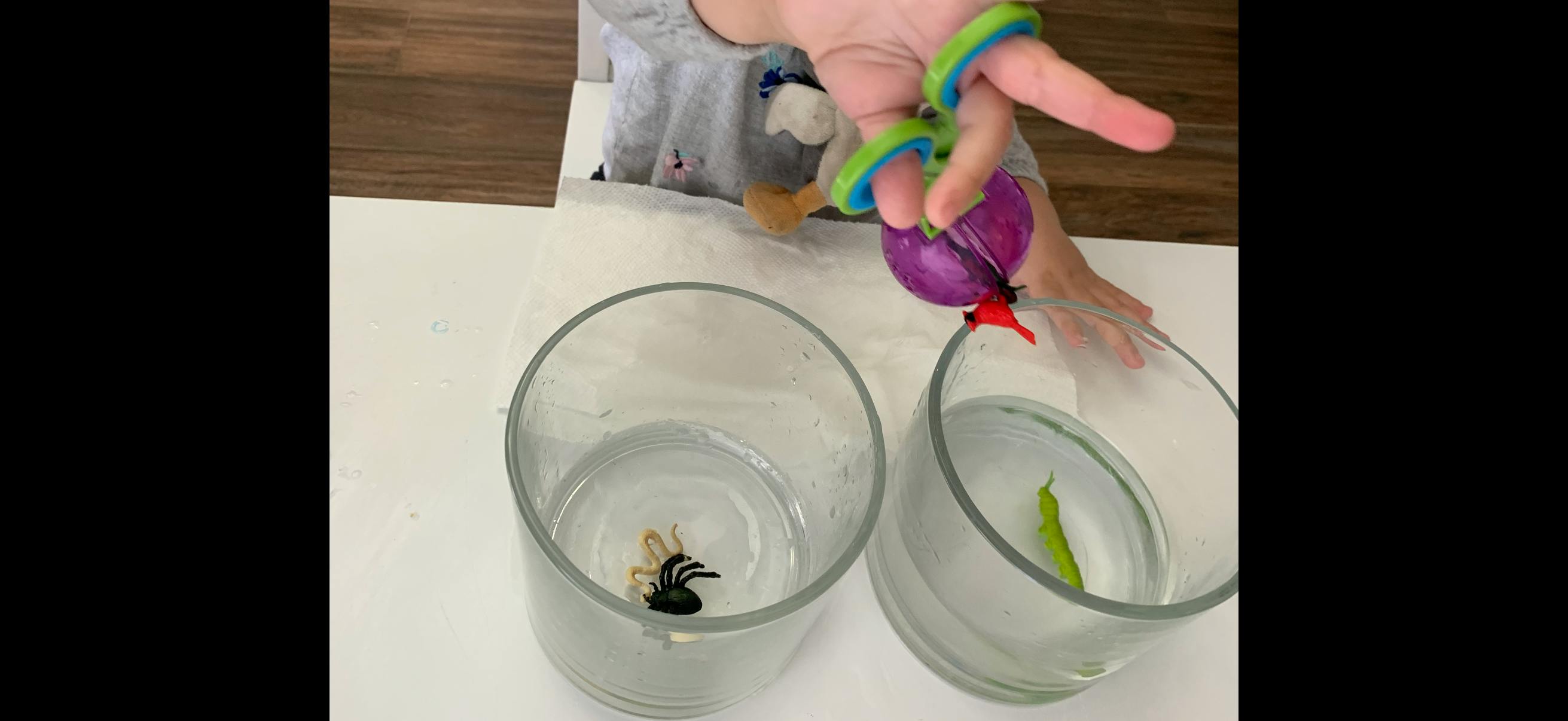Child holding toy bird with tongs over a glass containing a worm toy