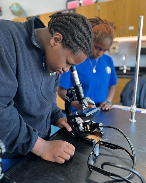 Person looking through a microscope in a classroom setting