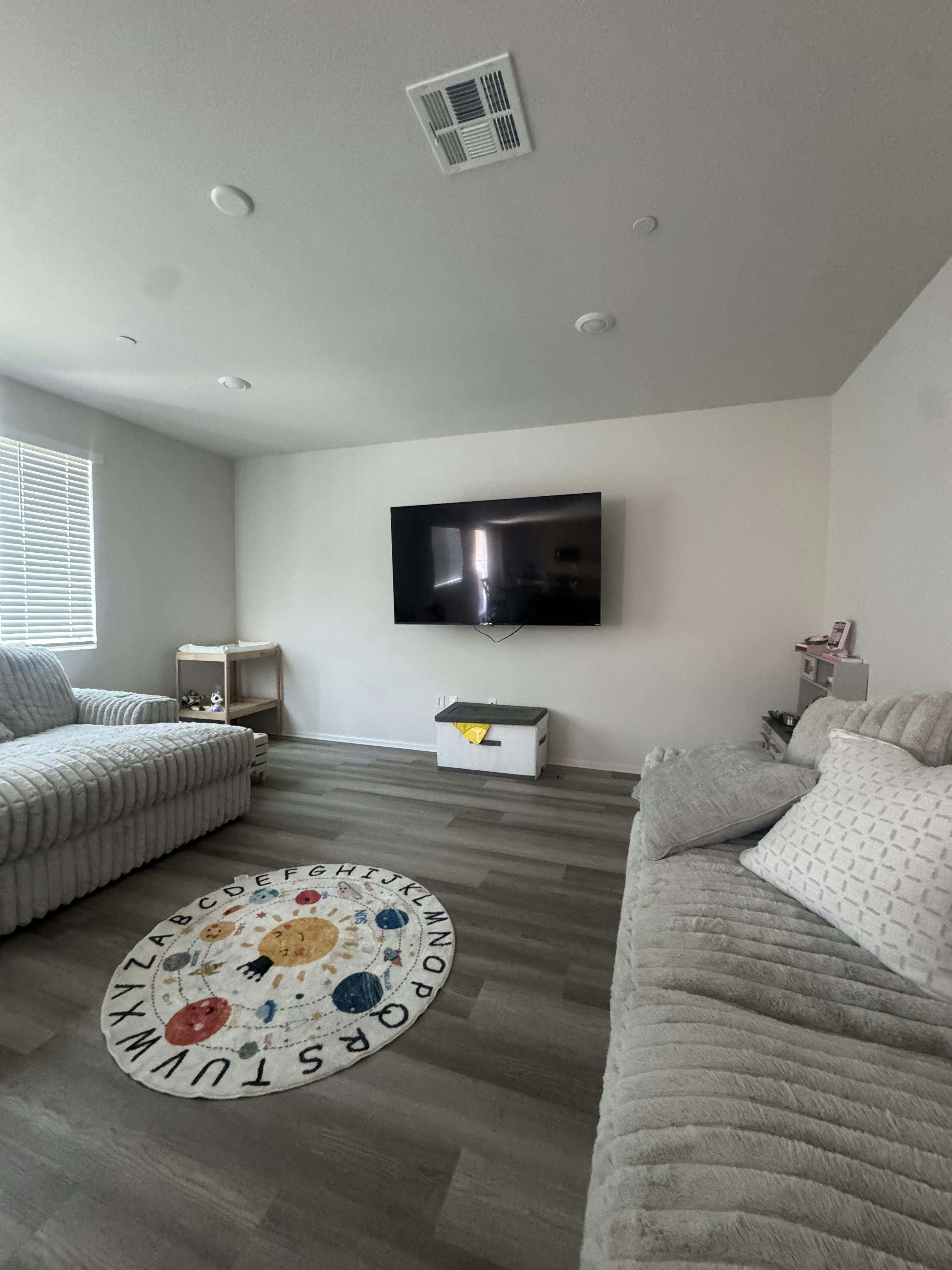 Living room with two couches facing each other, a TV on the wall, and a circular rug