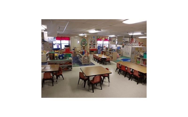 Classroom with small tables, chairs, and learning materials