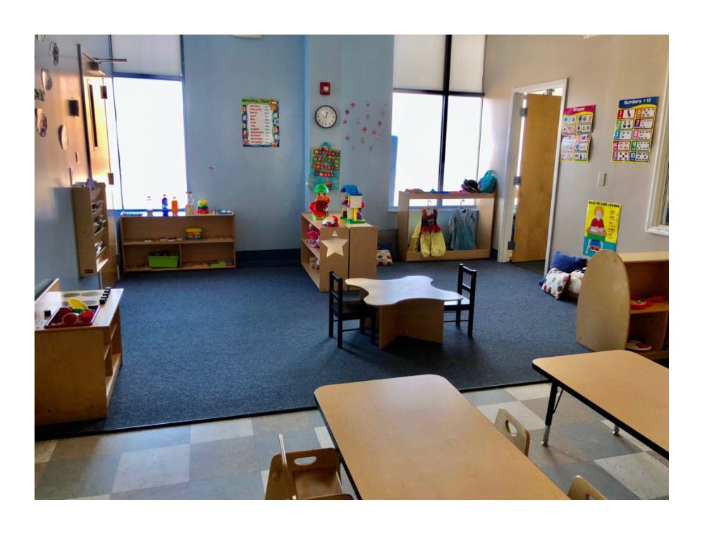 Empty classroom with small tables and chairs