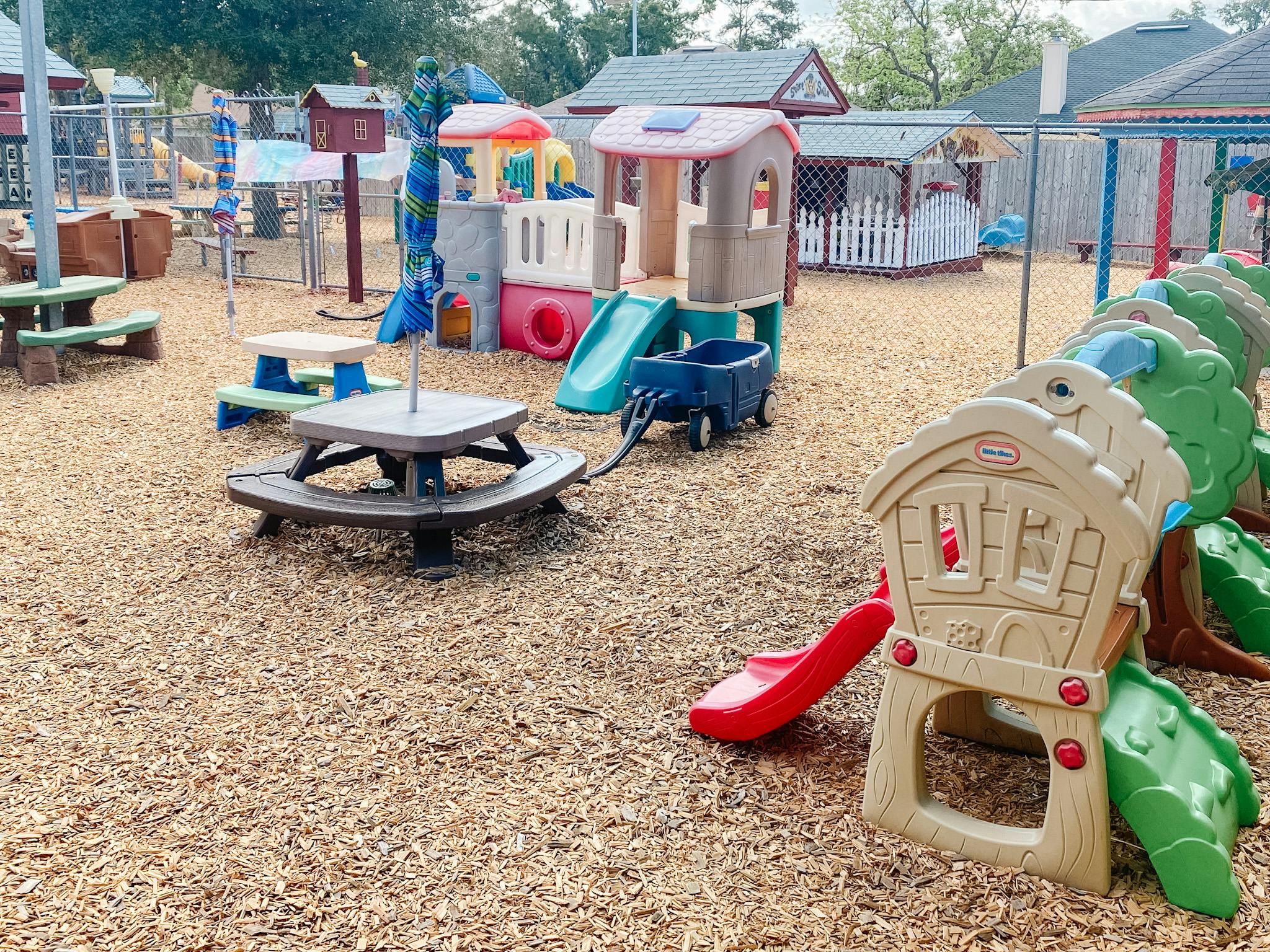 Playground with various play structures and picnic tables