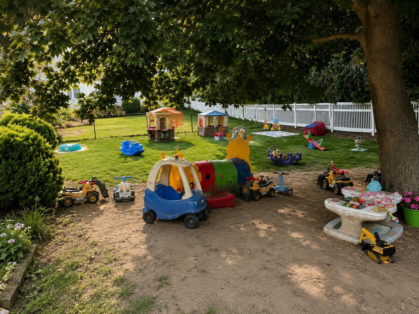 Plastic ride-on toys and play equipment in a backyard under a large tree