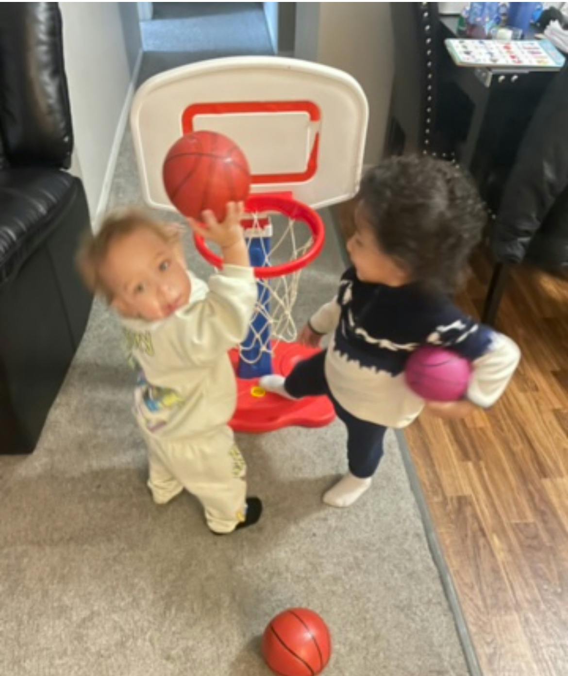 Two children playing with a toy basketball hoop and balls