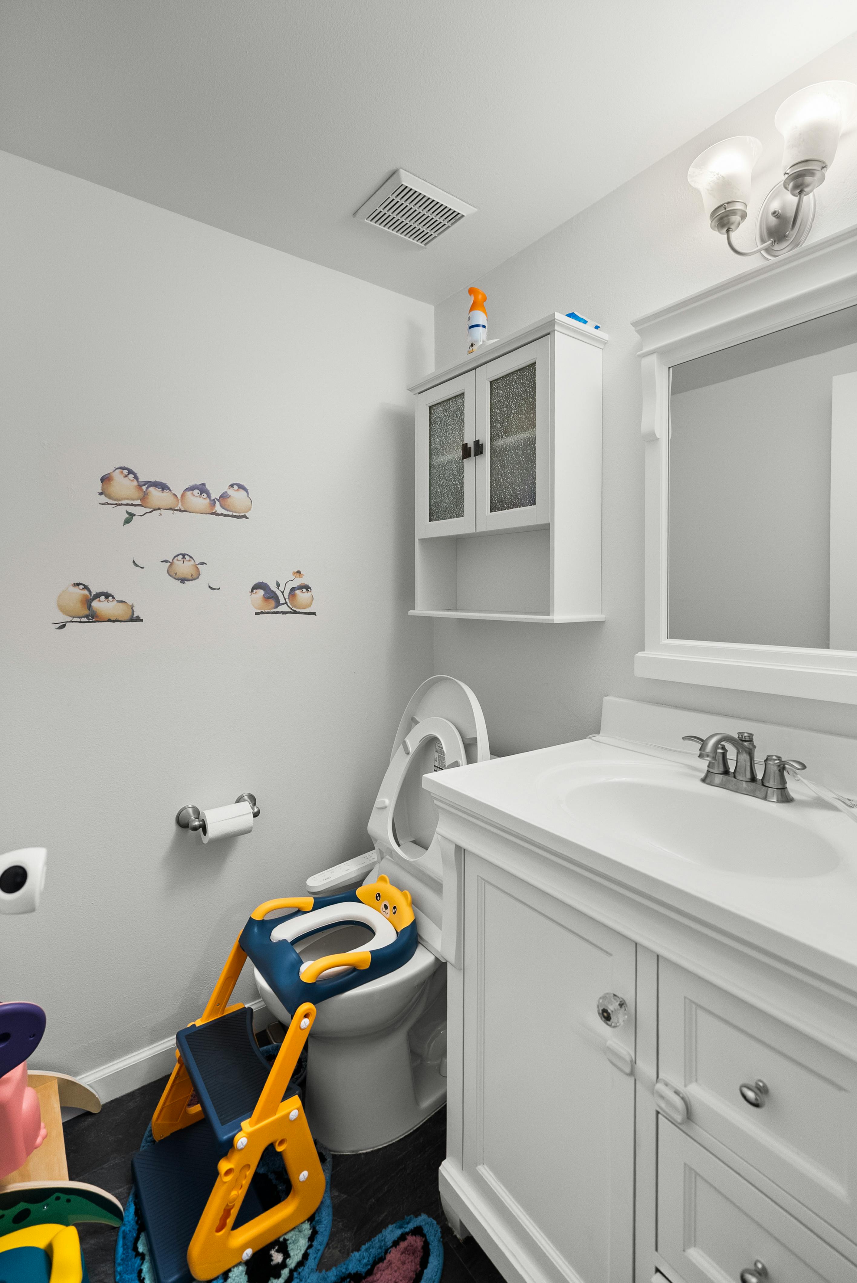 Child's toilet training seat and step stool in a bathroom with bird wall decals