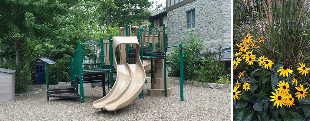Playground with slides and climbing structures on wood chips