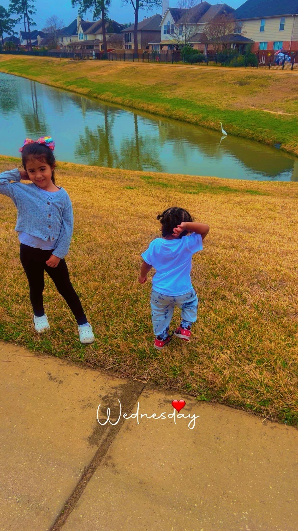 Two children standing on a grassy bank by a pond