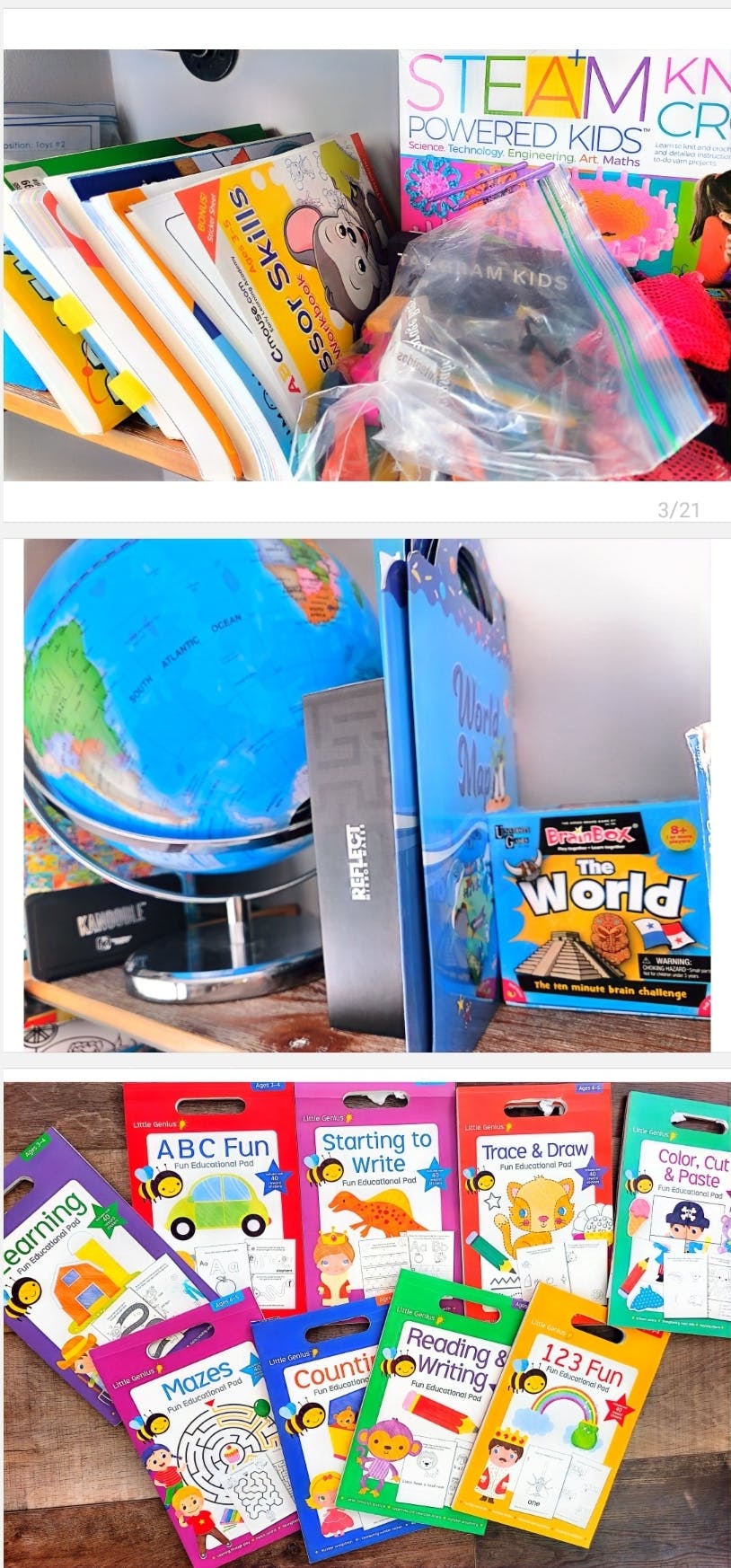 Multiple educational workbooks, a globe, and a STEAM Powered Kids box