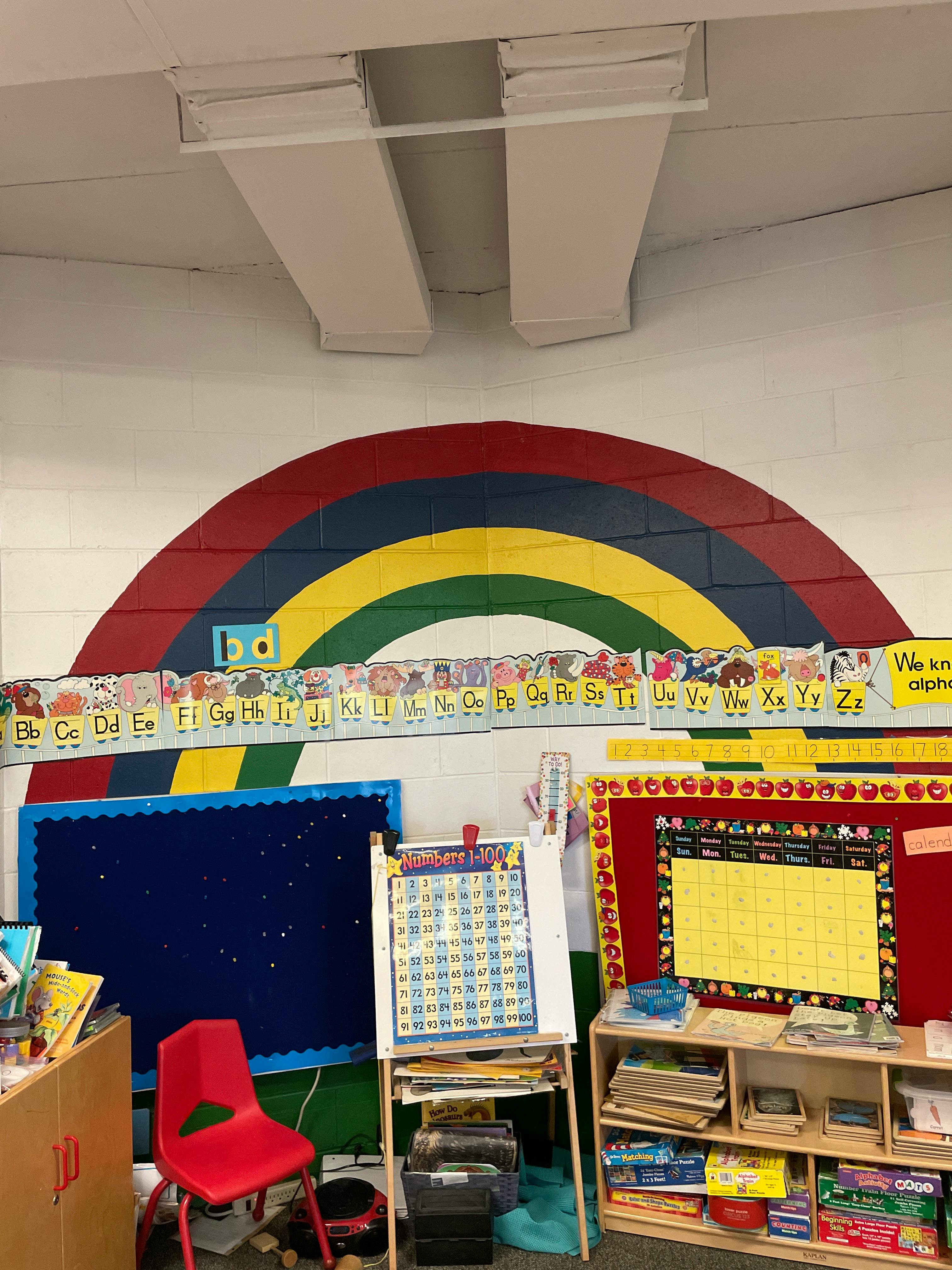 Classroom with a rainbow mural, bulletin boards, and learning materials