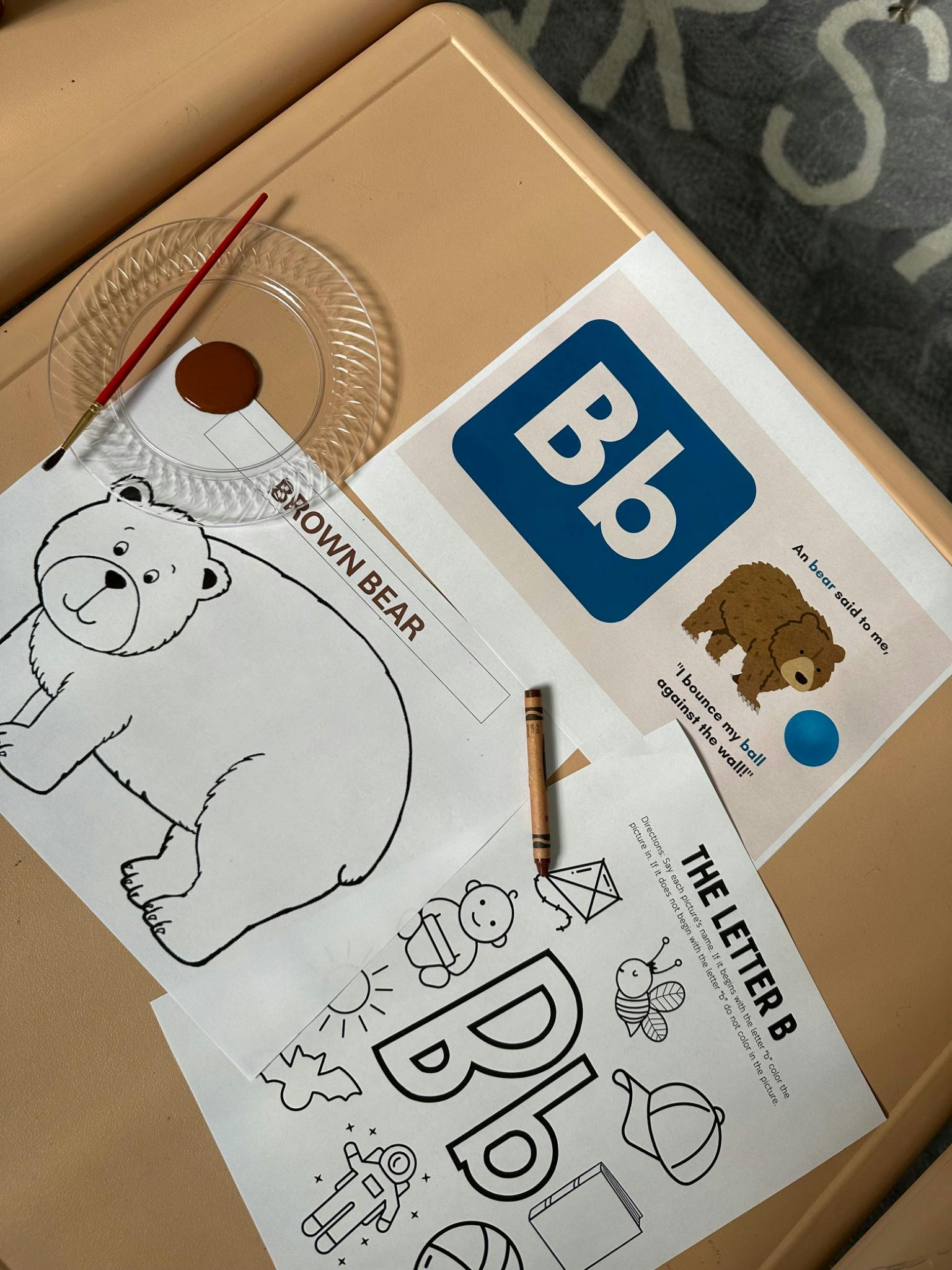 Letter B learning worksheets with bear coloring page and brown paint