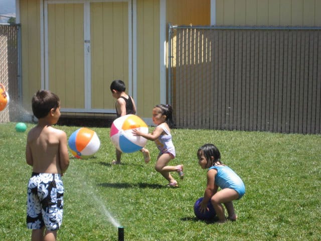 Children playing with beach balls and a sprinkler in a grassy yard