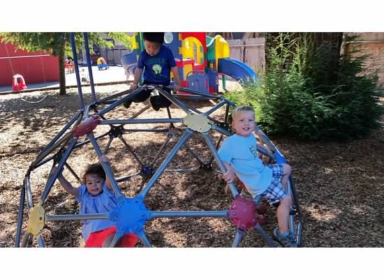 Three children playing on a geodesic dome climber on a playground