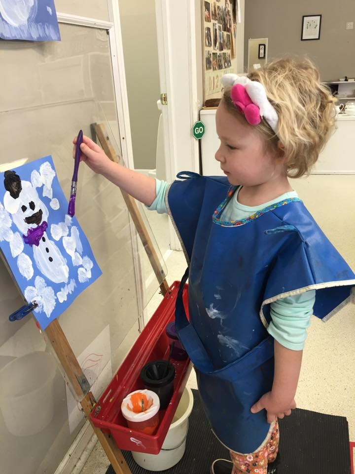 Child painting a snowman on an easel