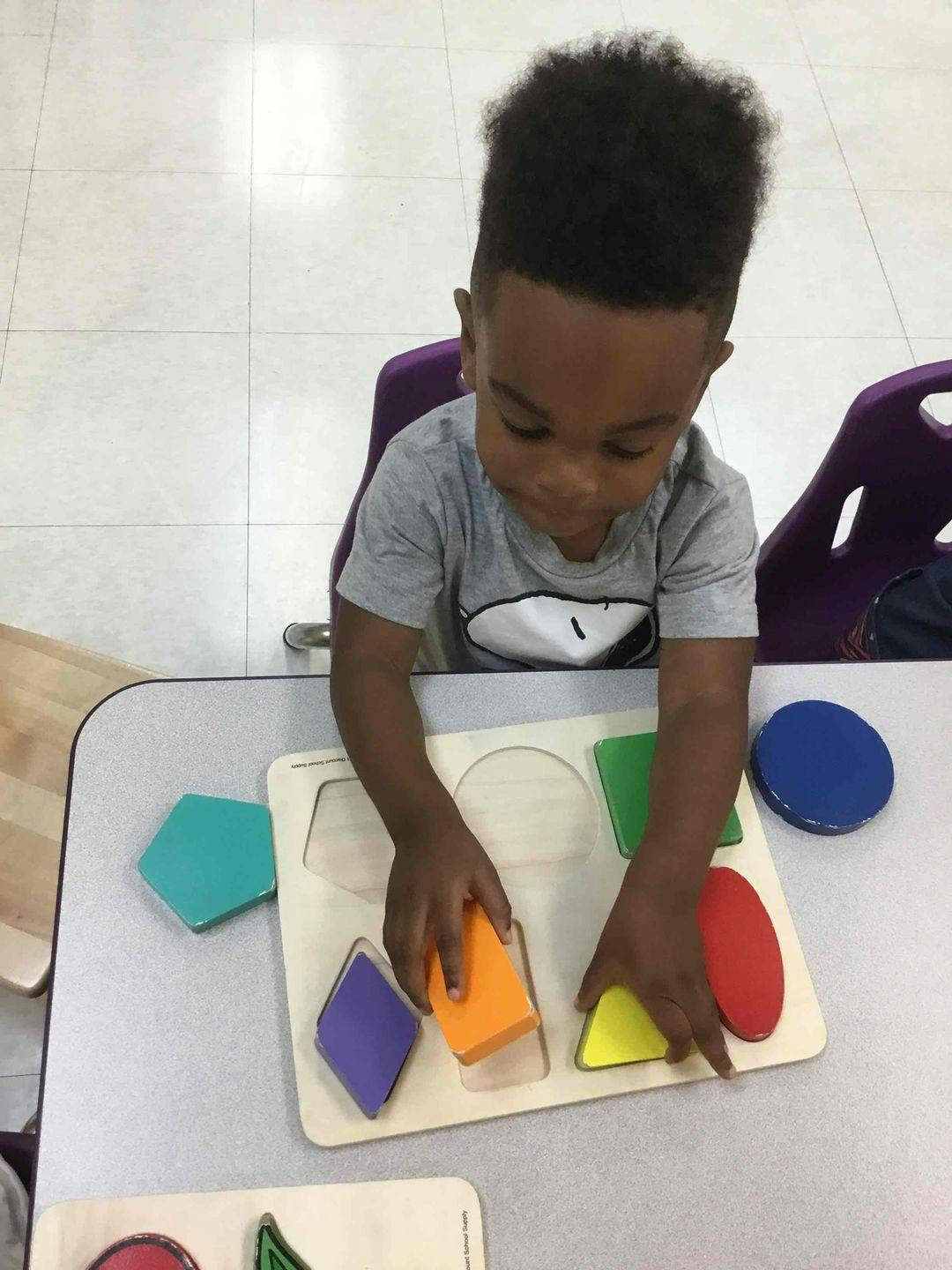 Child playing with a shape sorter puzzle at a table