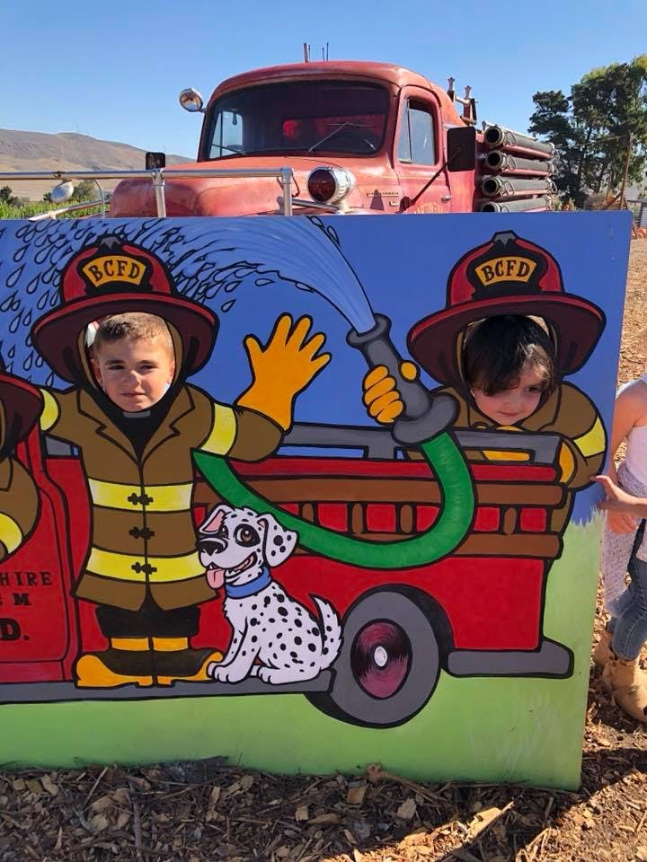 Two children with their faces in a firefighter cutout board