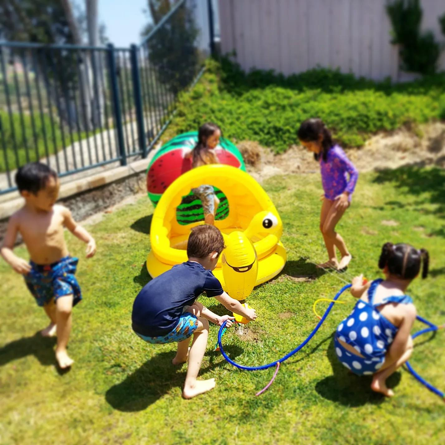 Children playing with a hose and inflatable toys in a grassy yard