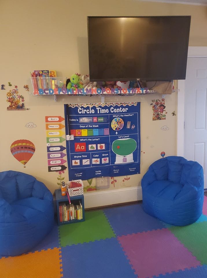 Classroom with a TV, a "Circle Time Center" poster, and two blue beanbag chairs