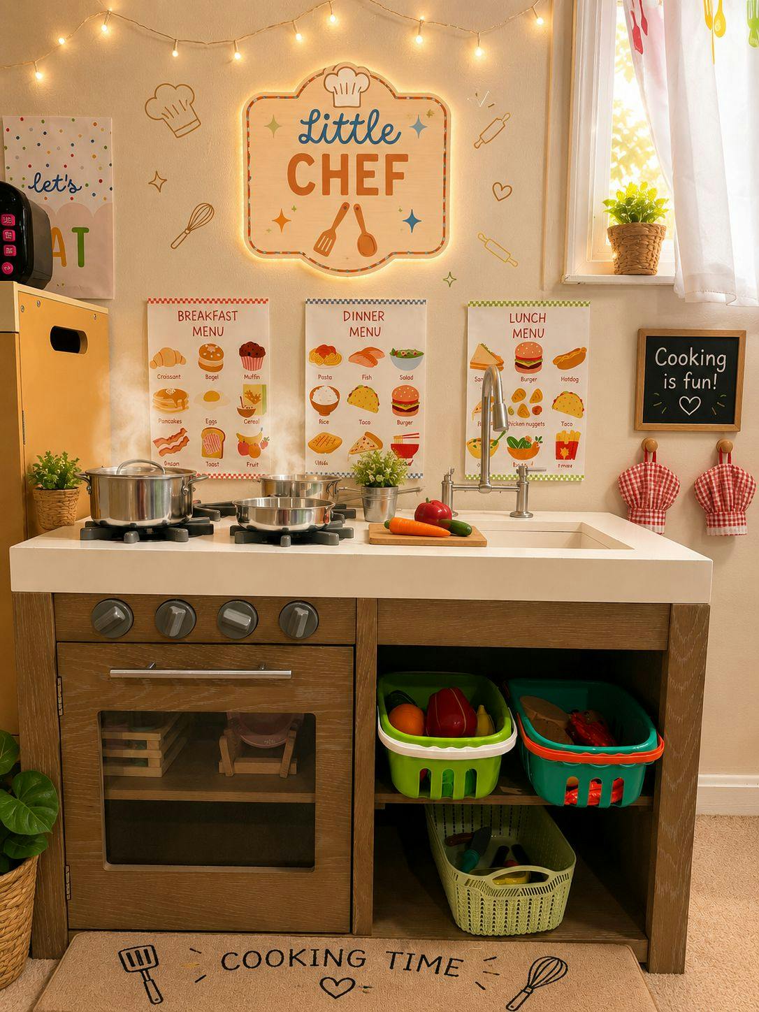 Child's play kitchen with a sign that reads "Little Chef"