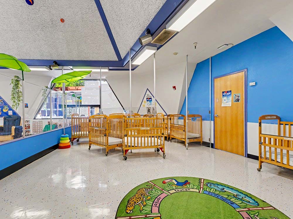 Baby room in a daycare with several cribs and a colorful rug