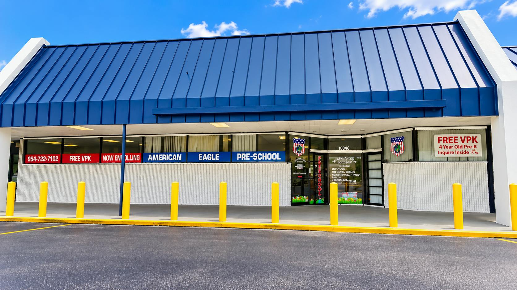 Exterior view of American Eagle Pre-School with signage advertising free VPK