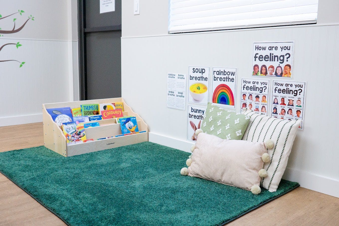 Reading corner with a book shelf, green rug, cushions, and emotional wall charts