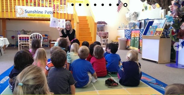 Person reading a book to a group of children in a classroom