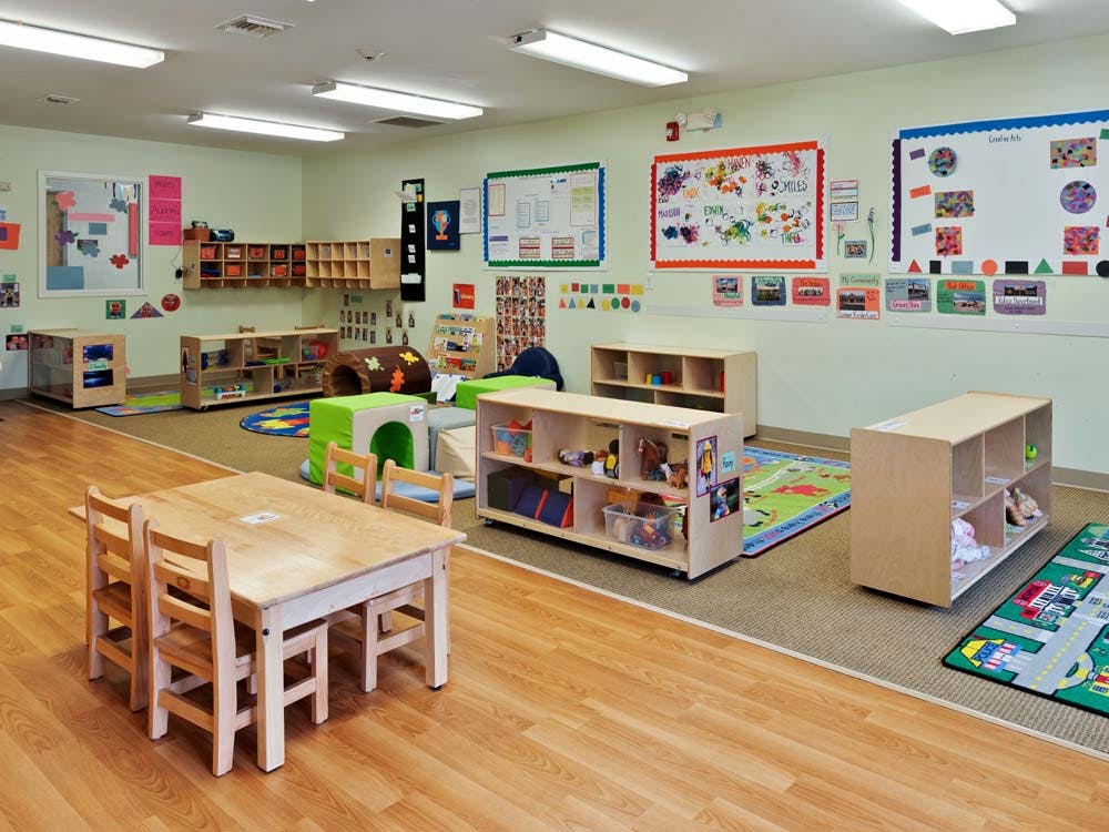 empty preschool classroom with small tables, chairs, and learning materials