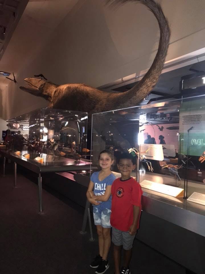 Two children standing in front of a dinosaur exhibit