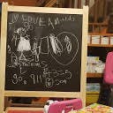 Chalkboard with drawings and text