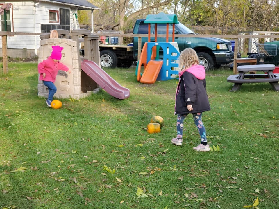 Two children playing with pumpkins in a yard with playground equipment