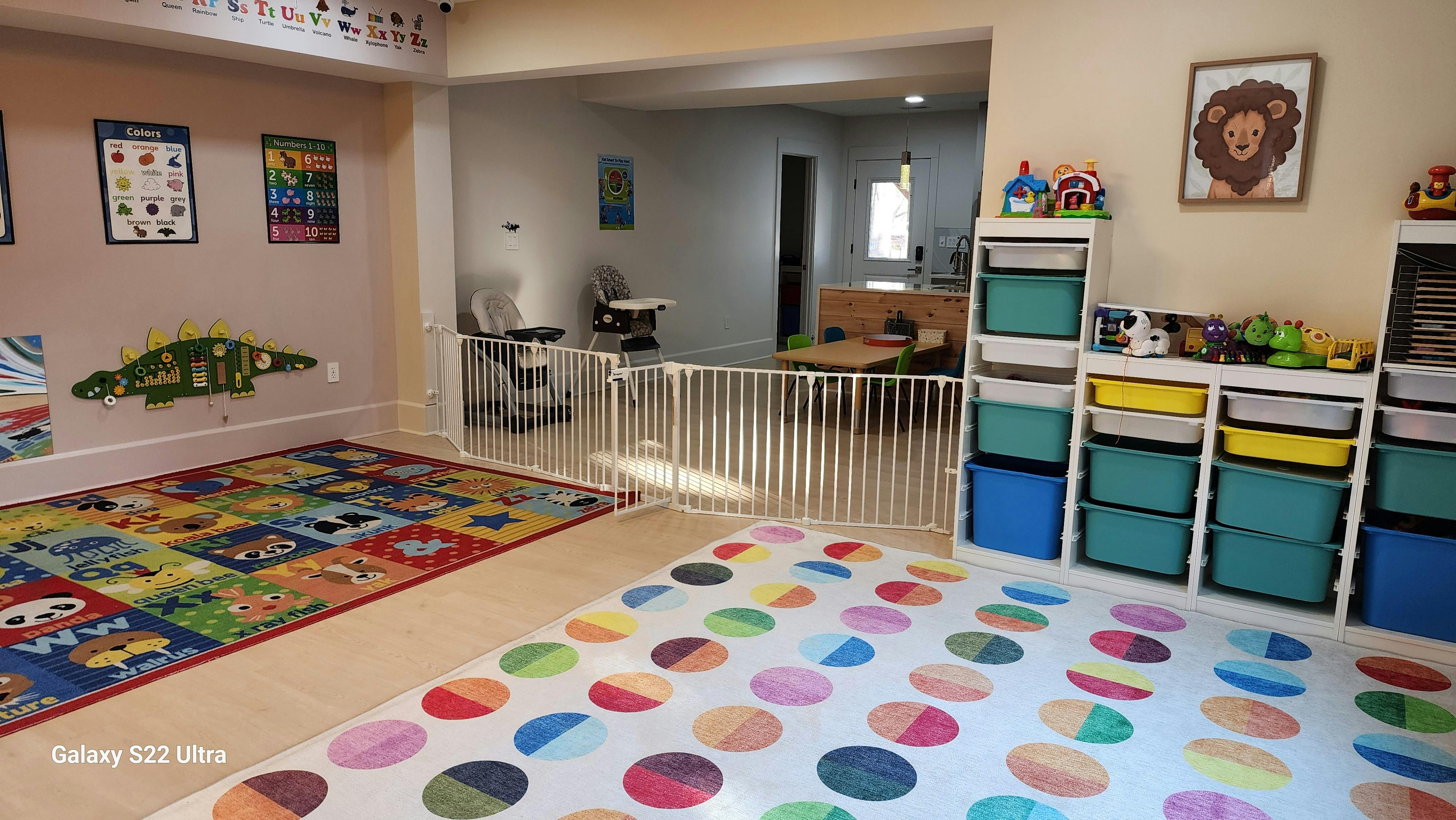 Playroom with colorful rugs and storage shelves