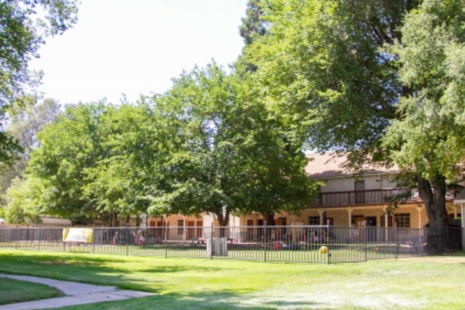 Building with balconies behind a fence and trees