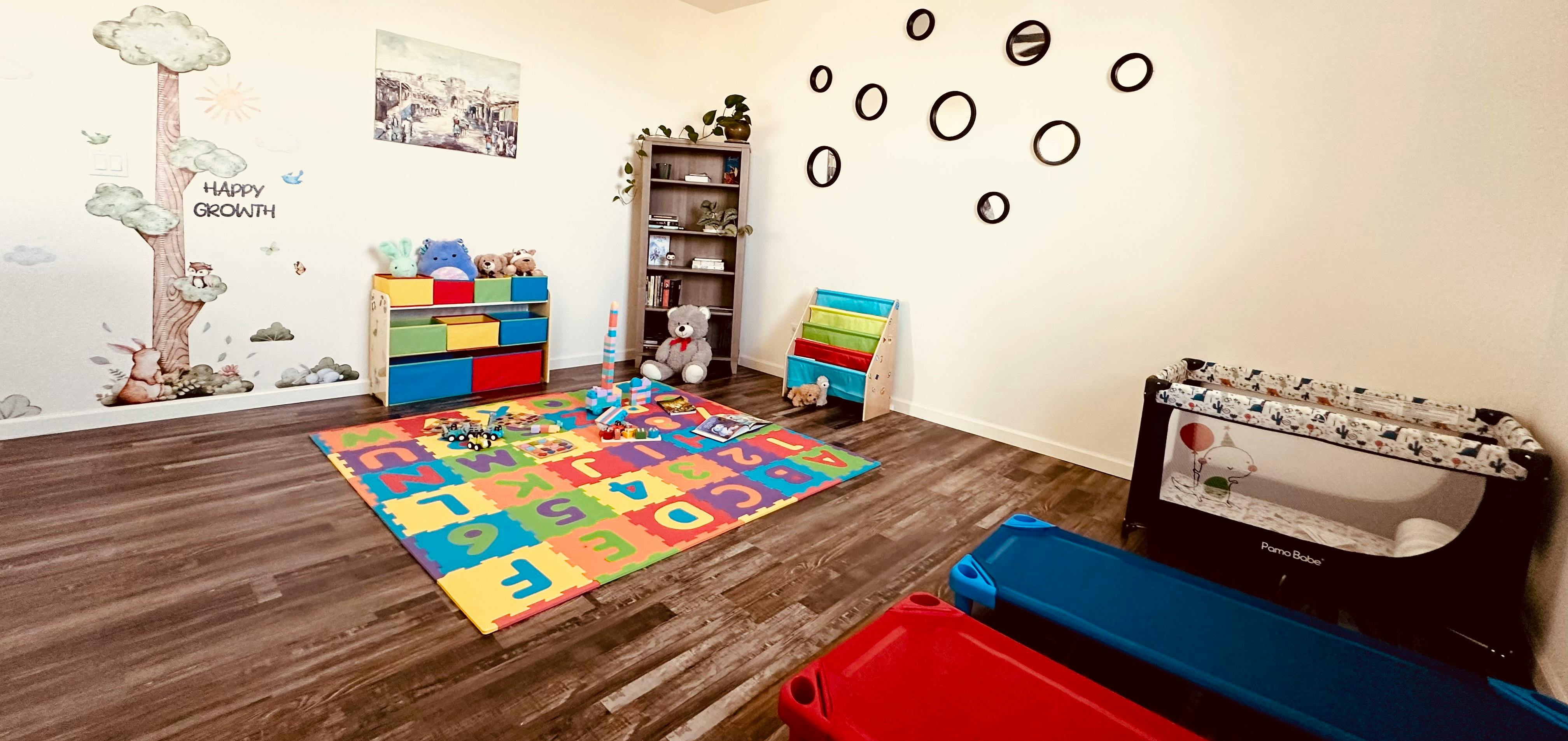 Playroom with colorful alphabet rug, shelves, and crib