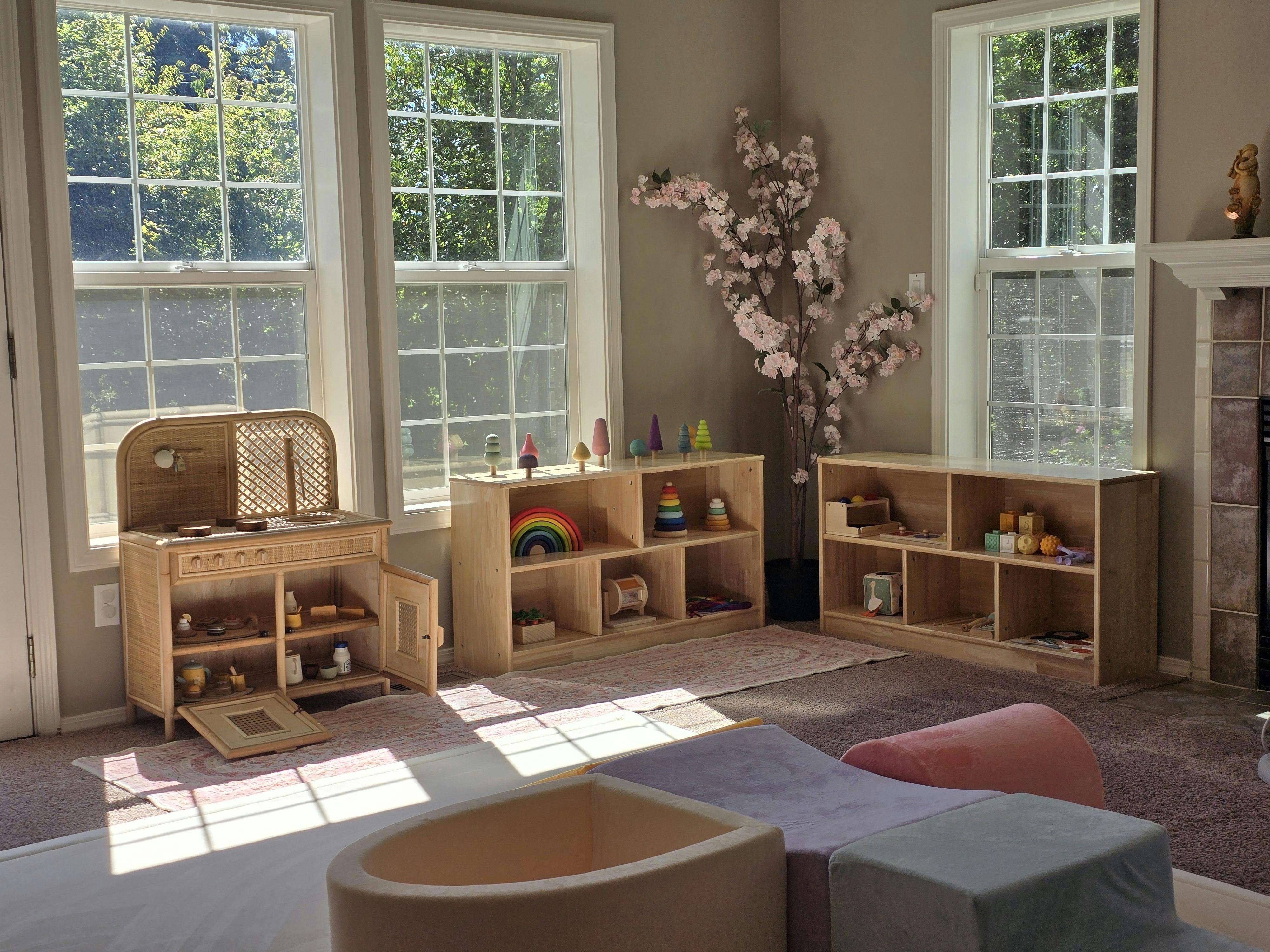 Playroom with wooden shelves, toys, and large windows