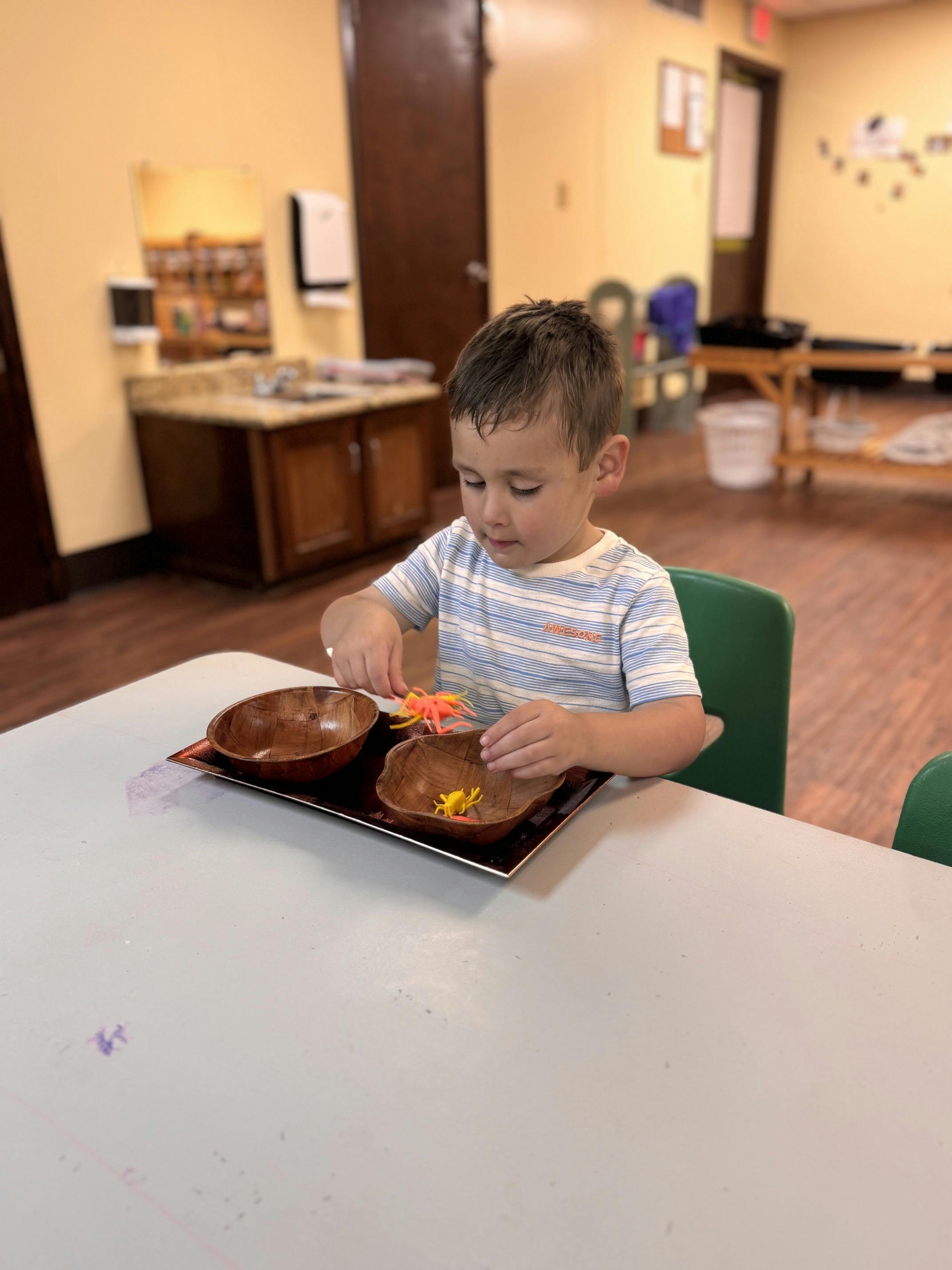 Child sorting small plastic toys into wooden bowls at a table