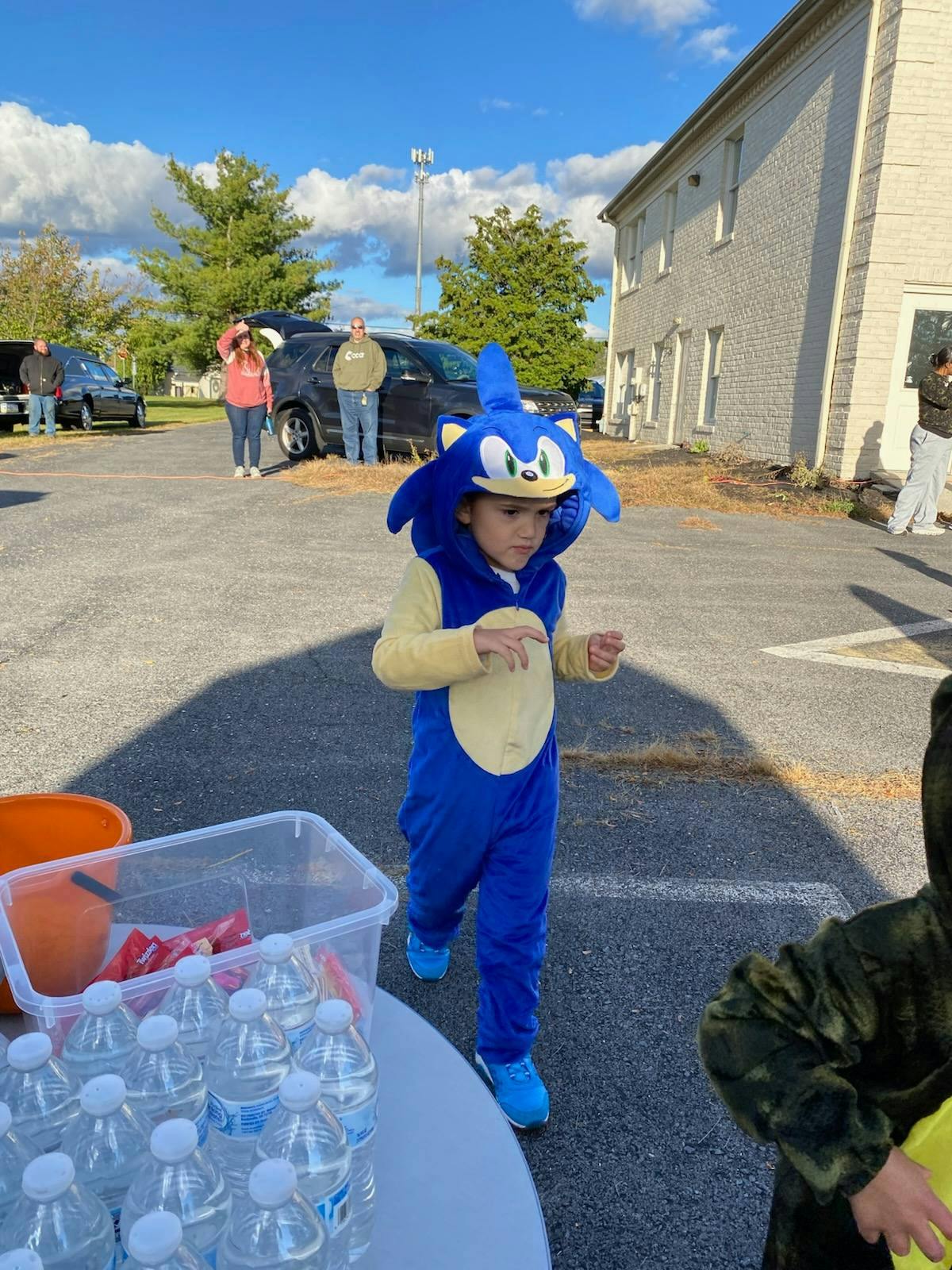 Child in a blue Sonic the Hedgehog costume walking outdoors