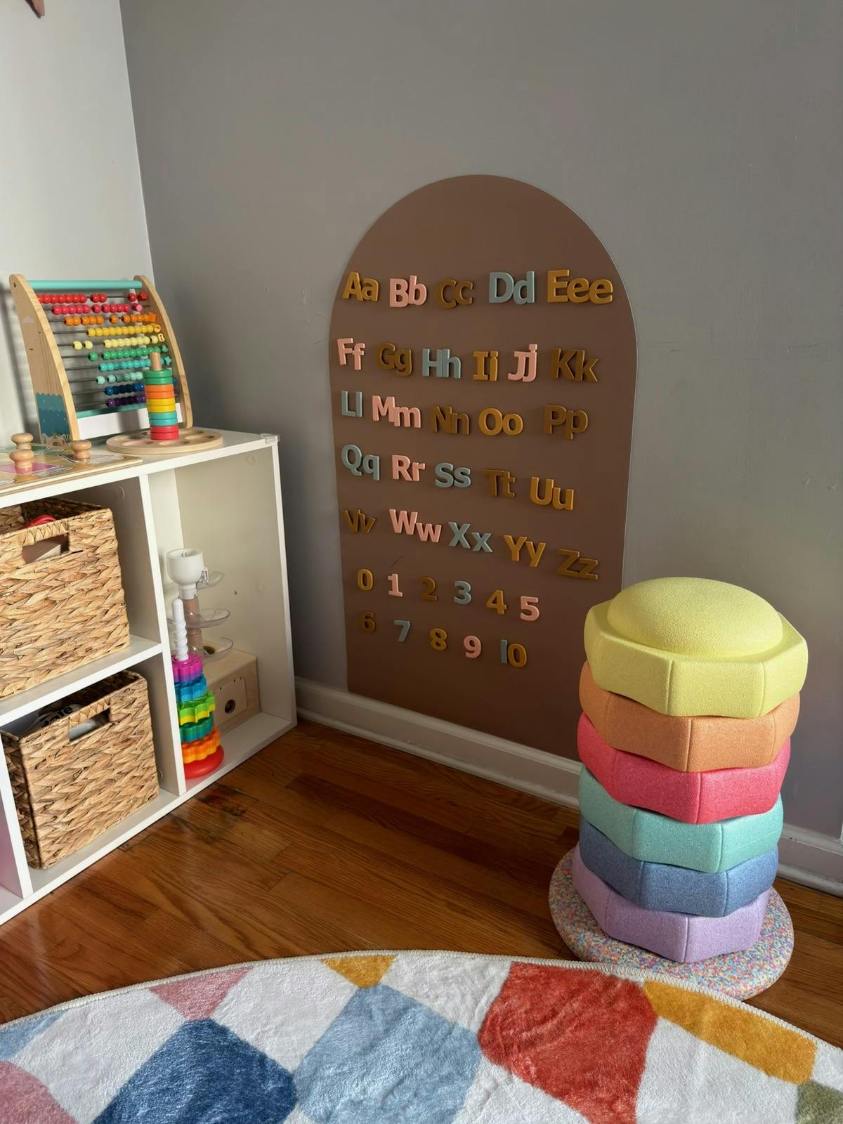 Wall display with alphabet and numbers near children toys