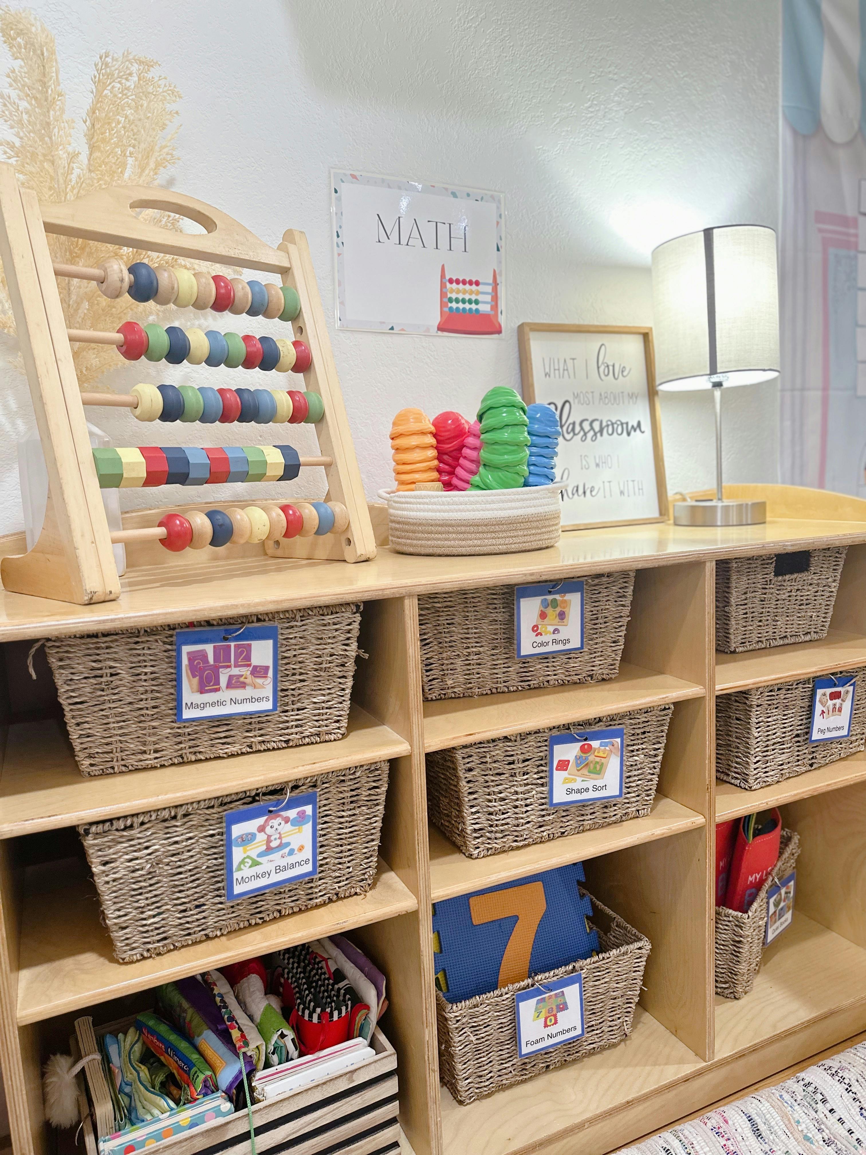 Abacus and colorful toys on a shelf with wicker baskets