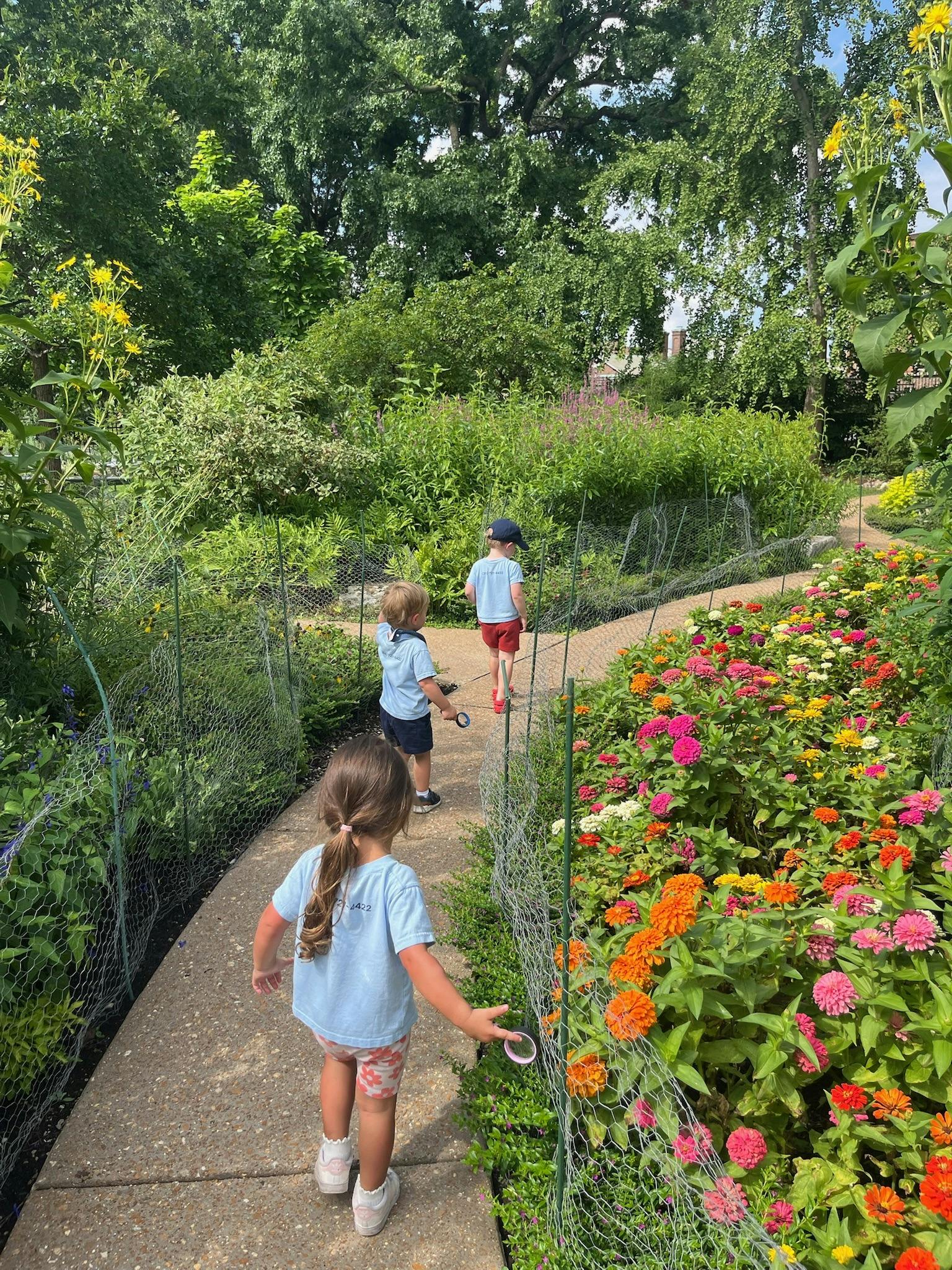 Three children walking along a garden path lined with flowers