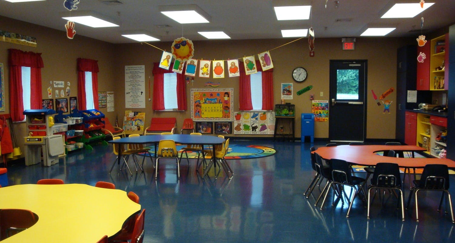 Classroom with small tables and chairs
