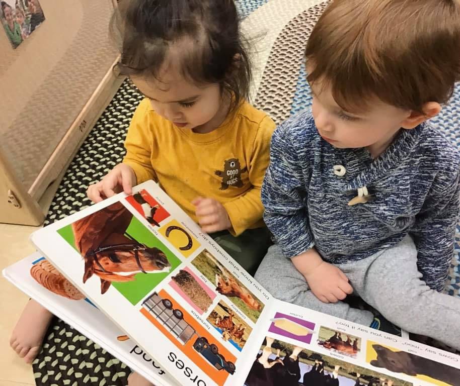 Two children looking at a book with pictures of horses